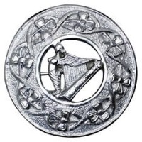 Scottish Harp Badge Kilt Fly Plaid Brooch In Chrome Finish.