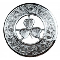 New Irish Shamrock Crest Plaid Brooch In Chrome Finish